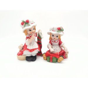 Vintage Prairie Girl Christmas Figurines Taiwan Bisque Polka Dot Dog Cat Holiday